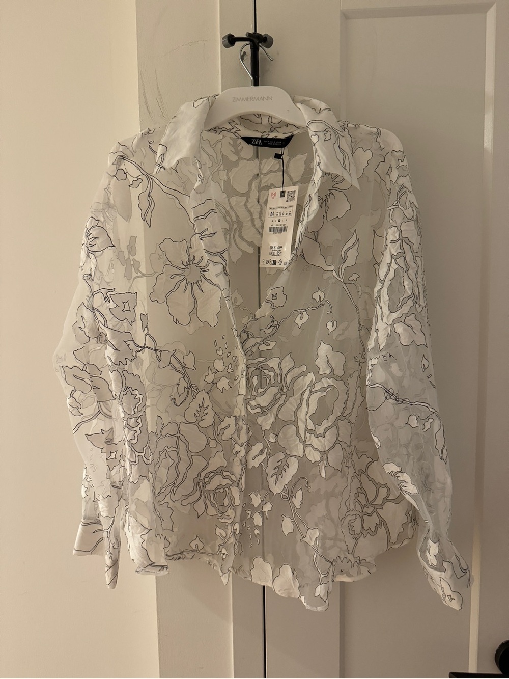 Zara White Sheer Floral Button-Up Blouse